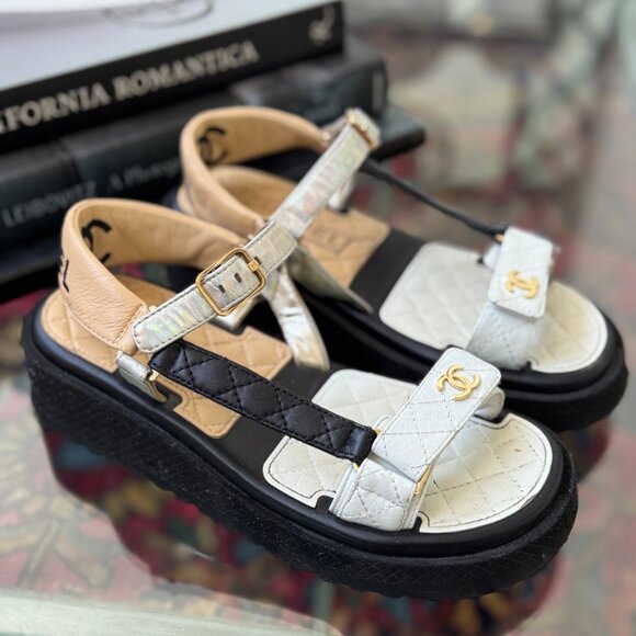 Chanel Dad Sandals Black White Tan Holographic Strap Euro Size 38 US Size 7.5 - Picture 12 of 13